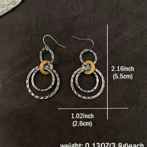 SILVER PLATED Retro Bohemian Style triple hoop drop earrings. - Picture 4 of 9